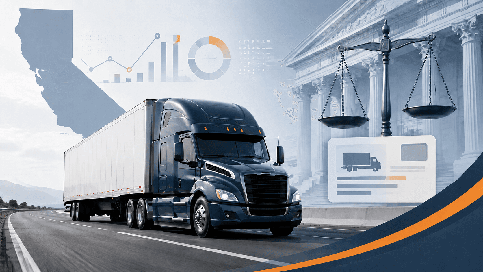 Editorial illustration of a dry van truck, California, crash data, a CDL card, and courthouse scales