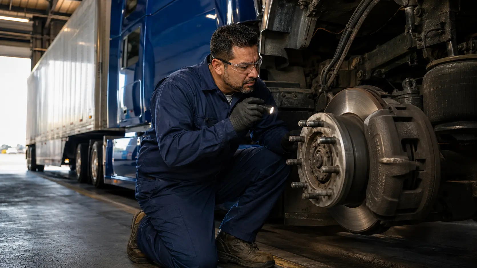 Diesel technician inspecting a heavy-truck brake rotor before Brake Safety Week