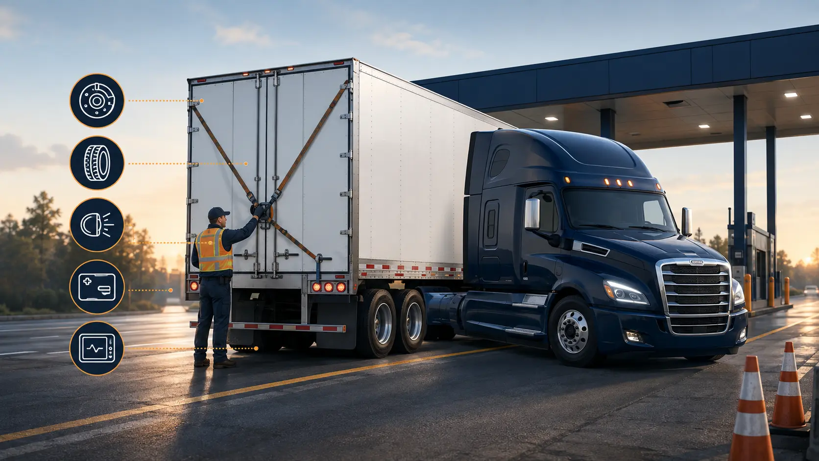 Dry van truck undergoing a professional roadside safety inspection with brake, tire, light, medical-card, and ELD symbols