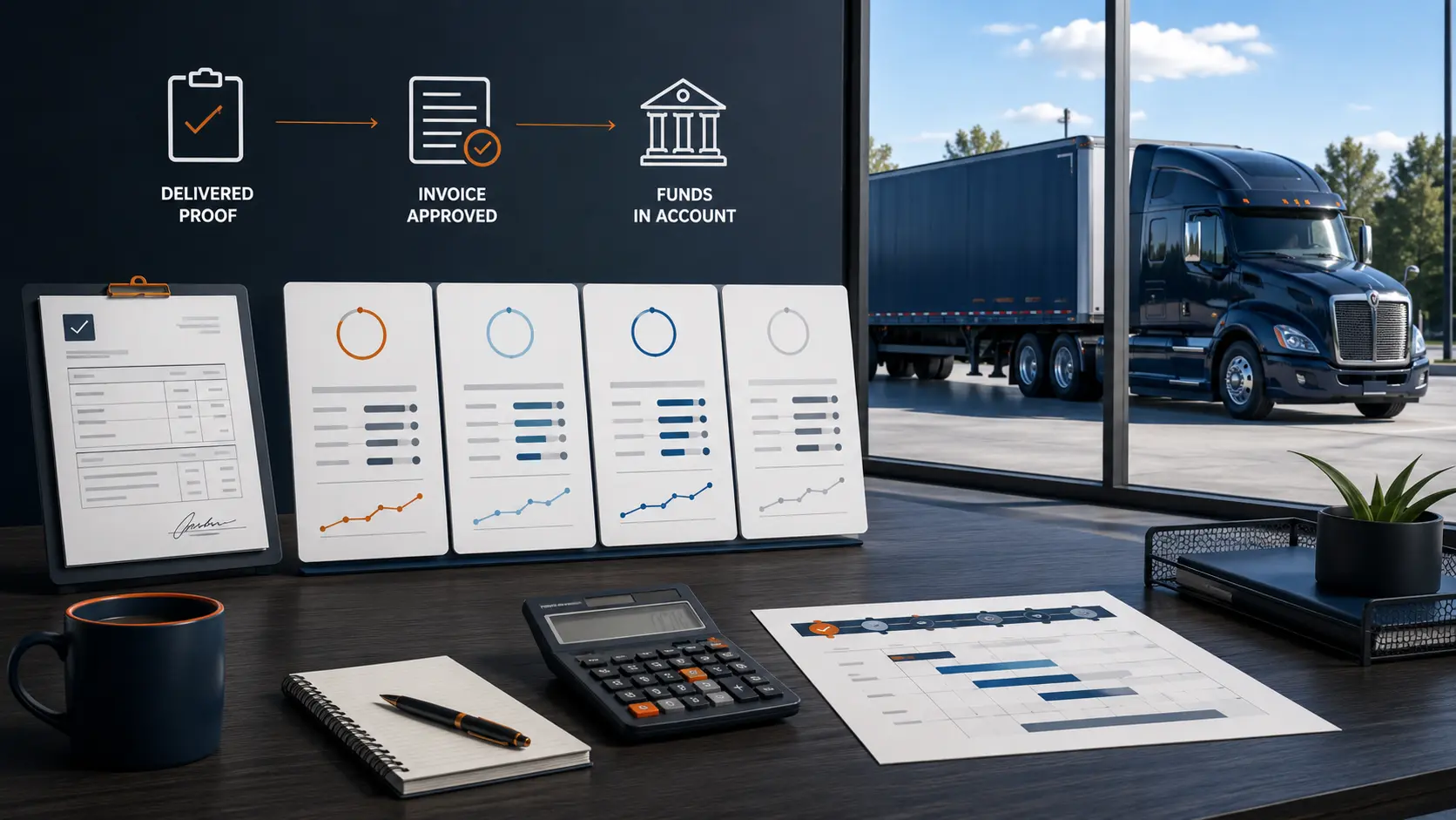 Dry van carrier comparing four unlabeled freight factoring offers, funding timelines, and invoice costs