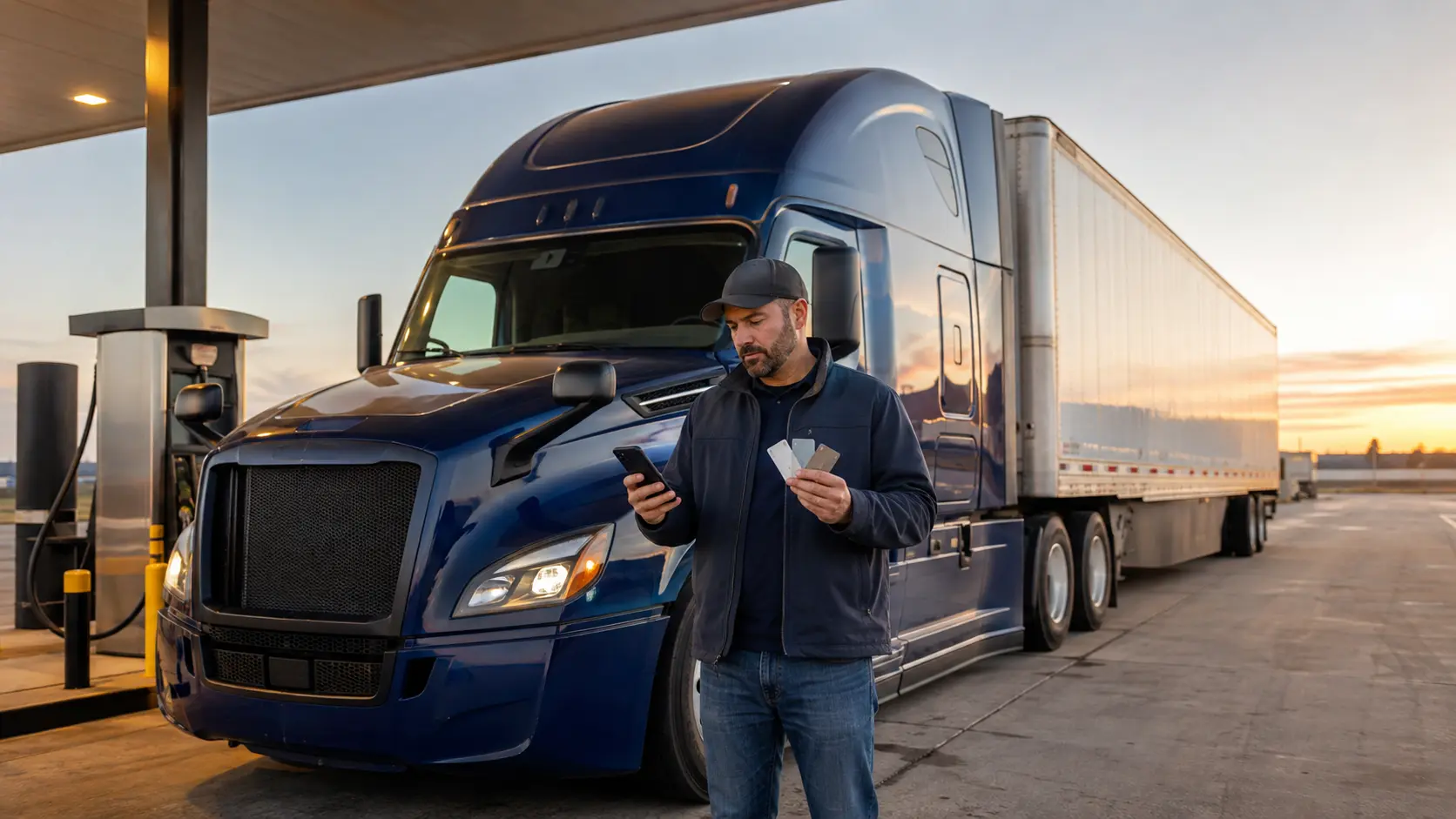 Owner-operator comparing three unbranded fuel-card options beside a dry van truck