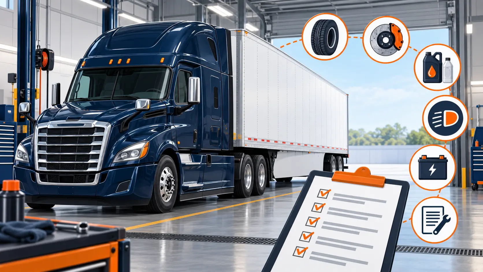 Dark blue semi truck and white dry van trailer in a maintenance bay with tire, brake, fluid, light, battery, and service-record symbols