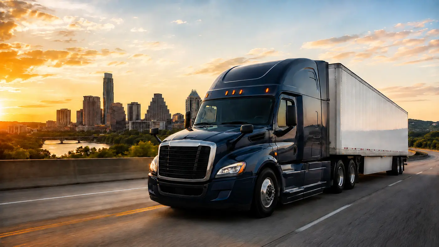 Modern navy semi-truck pulling a 53-foot dry van near Austin, Texas