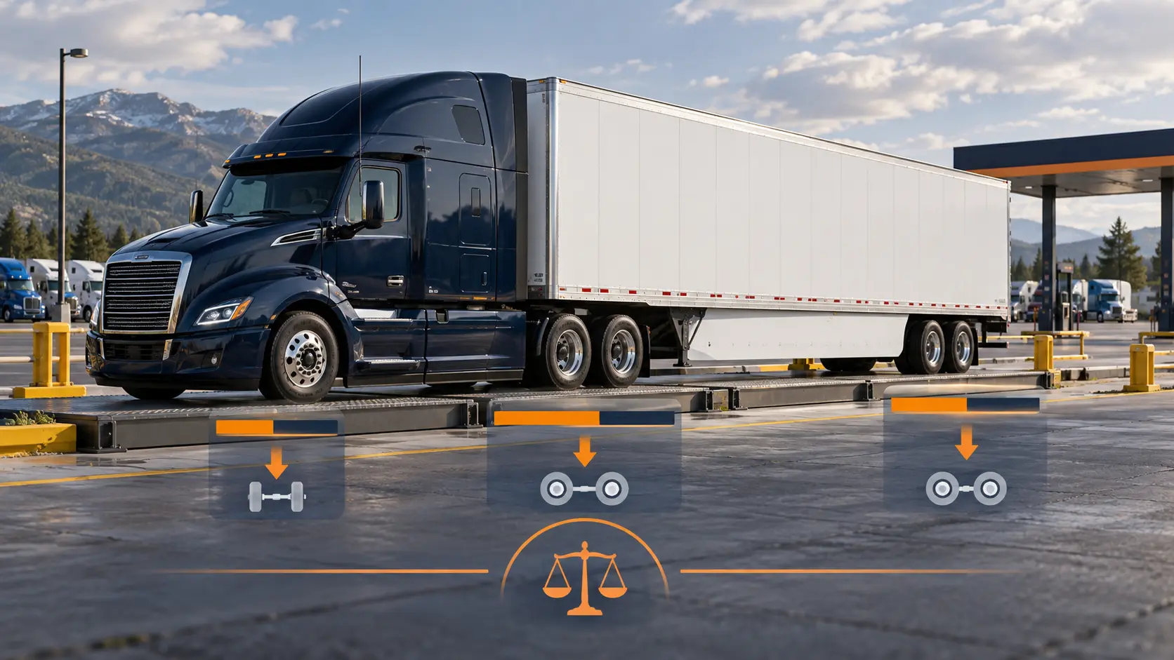 Dark blue sleeper tractor and white dry van positioned on a multi-platform truck scale with axle-group graphics