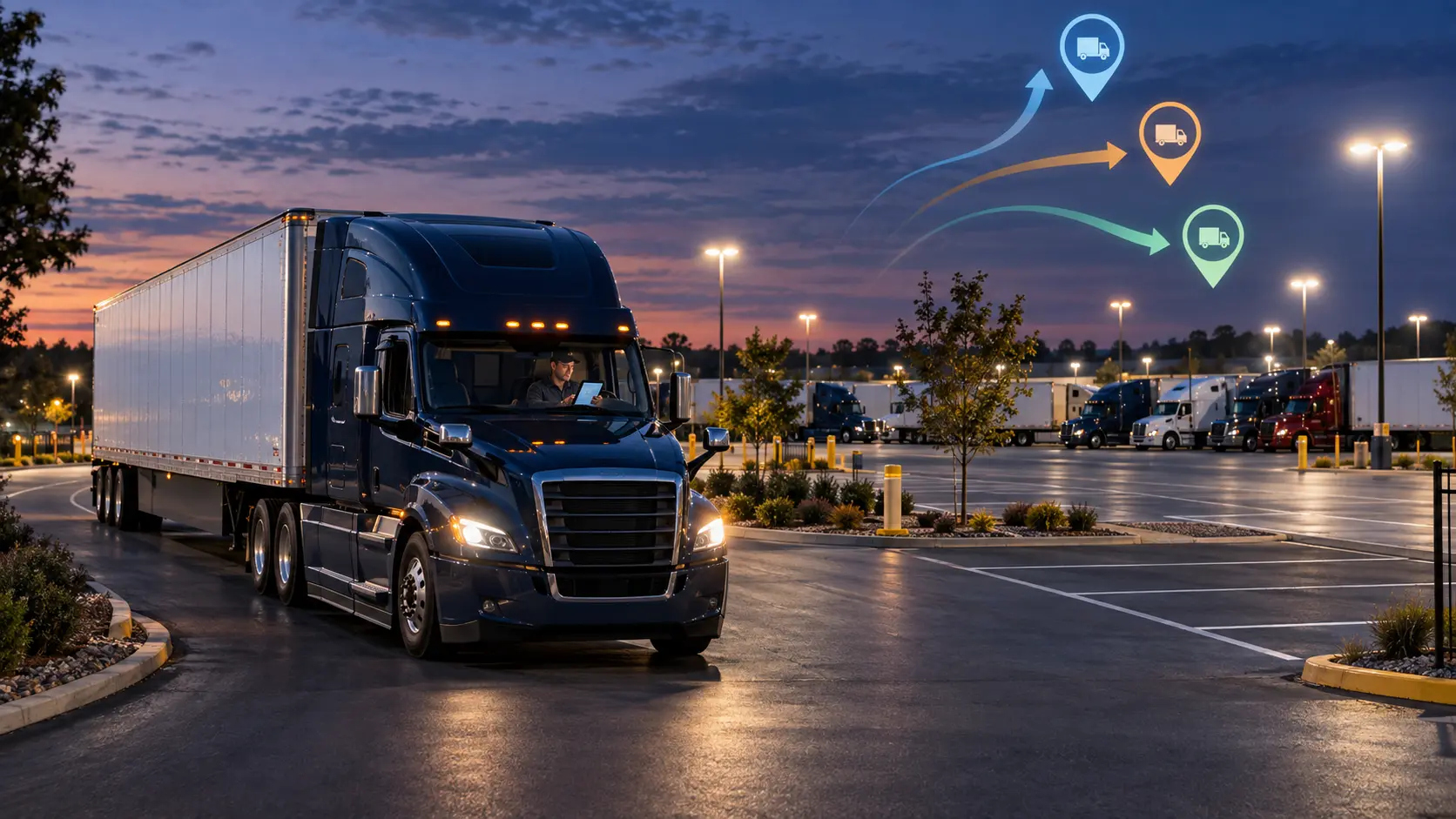Dark blue sleeper tractor and white dry van entering a well-lit truck parking facility at dusk