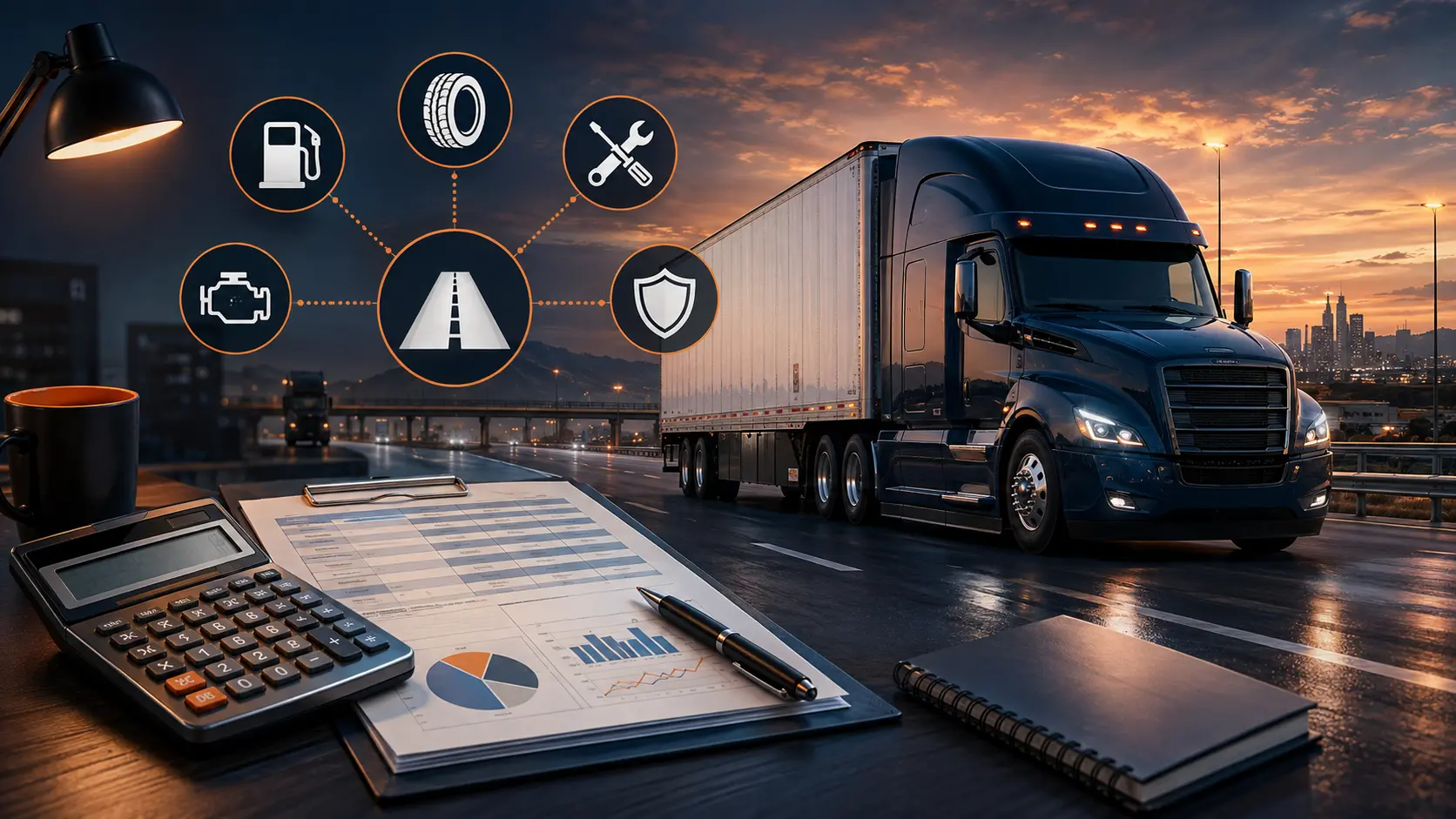 Dry van truck beside a calculator and operating-cost worksheet for cost-per-mile planning