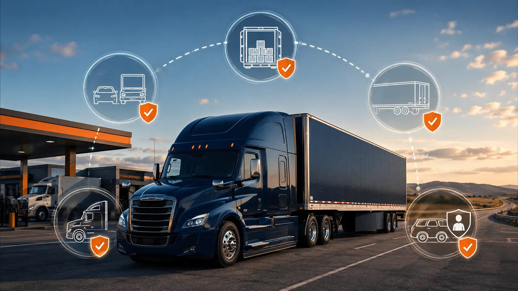 Dry van truck surrounded by symbols for liability, cargo, equipment, trailer, and off-duty insurance protection
