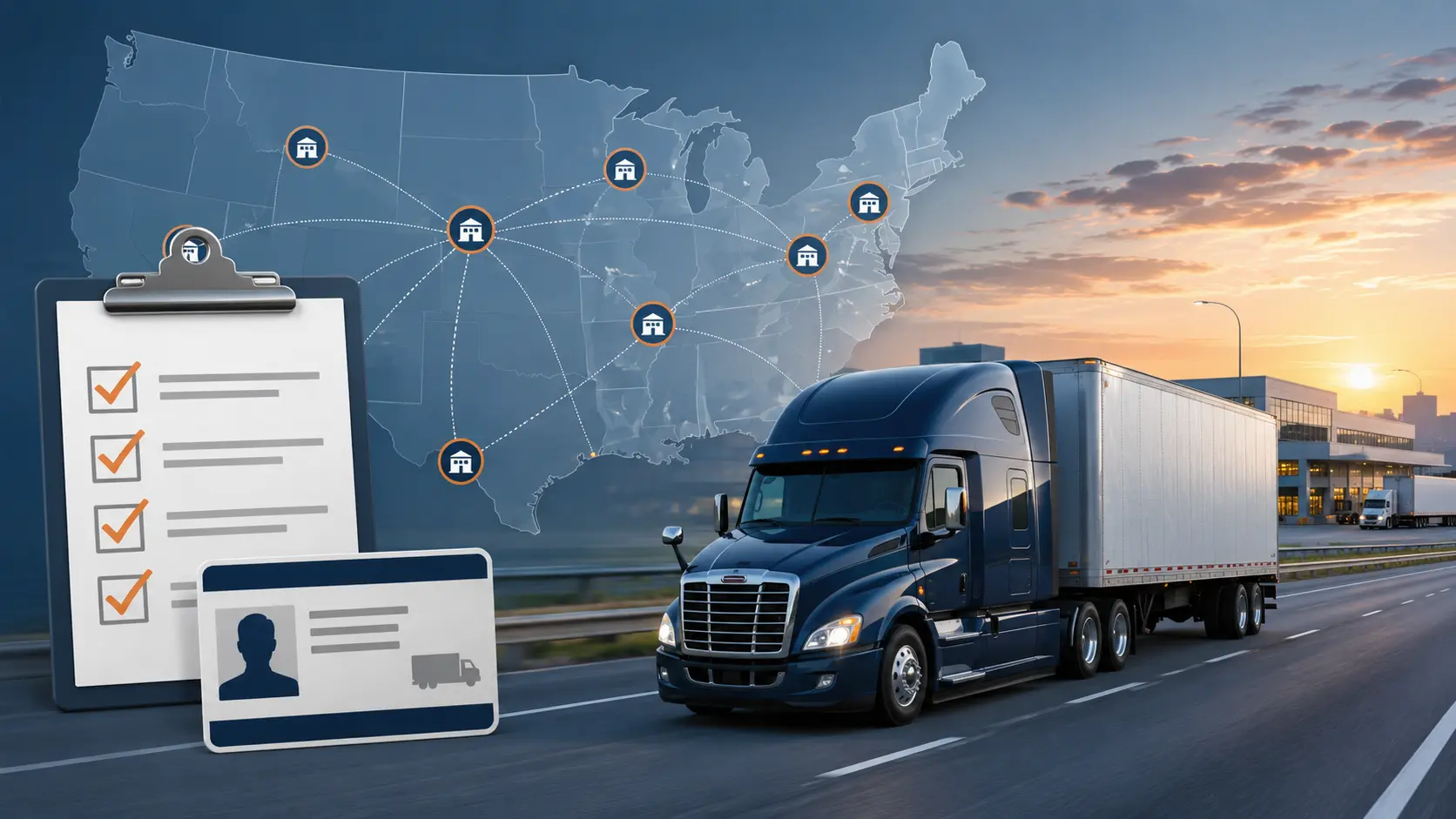 Dry van truck, CDL card, compliance checklist, and nationwide training-provider audit map