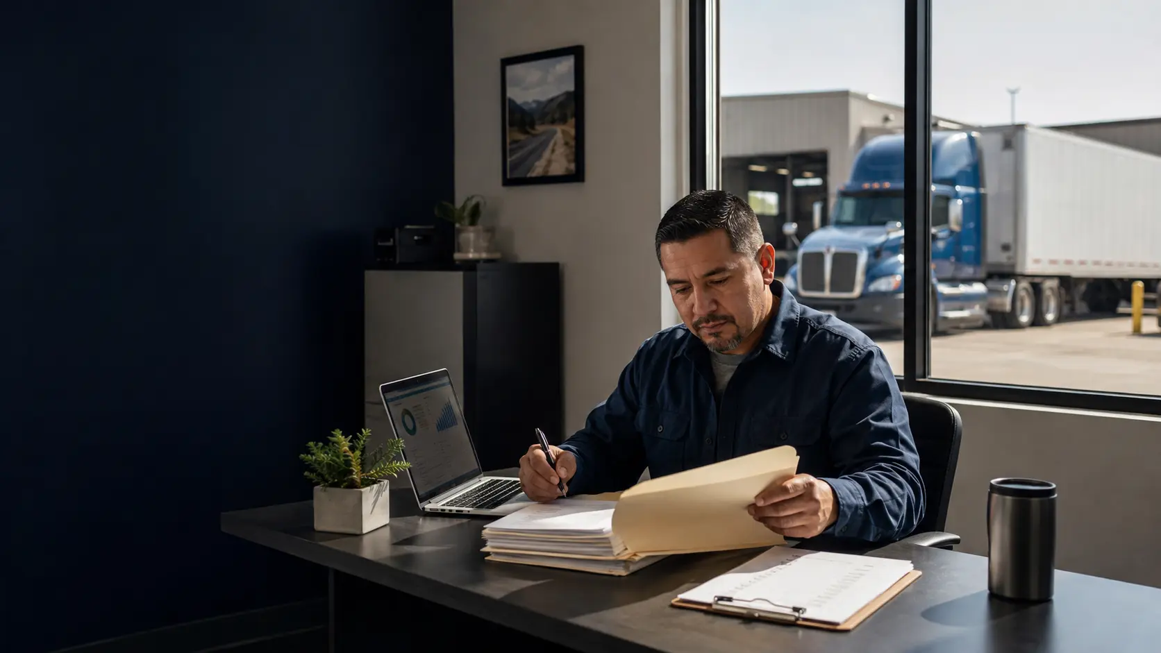 Owner-operator organizing truck compliance records for a new entrant safety audit