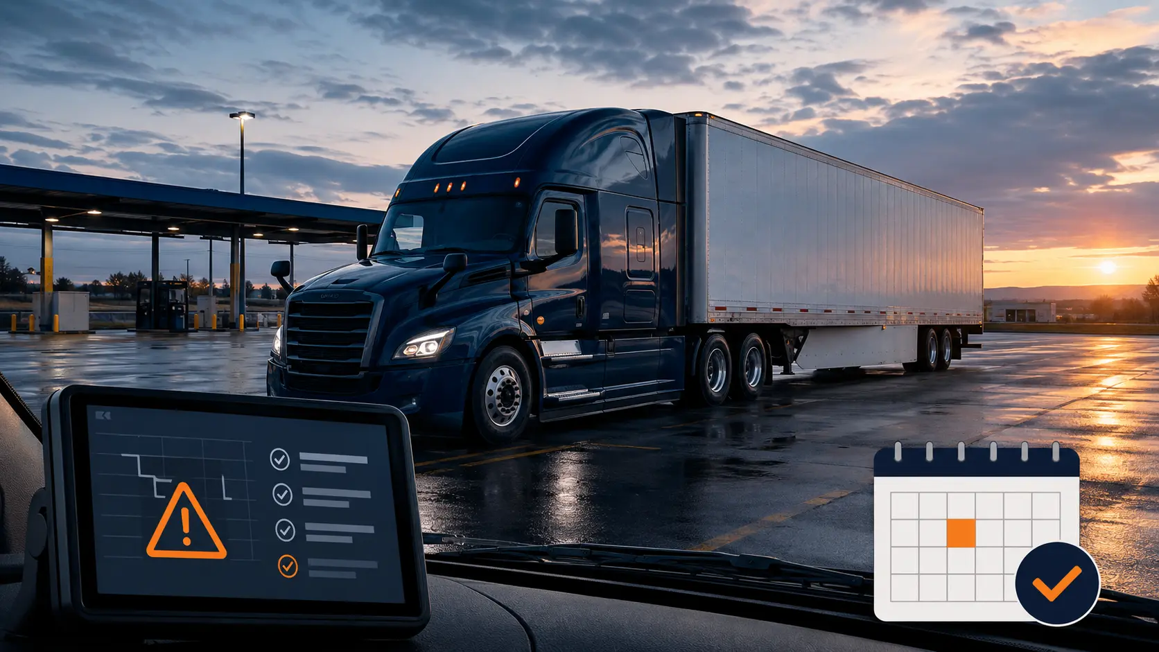 Dry van truck with an electronic logging device warning and compliance calendar