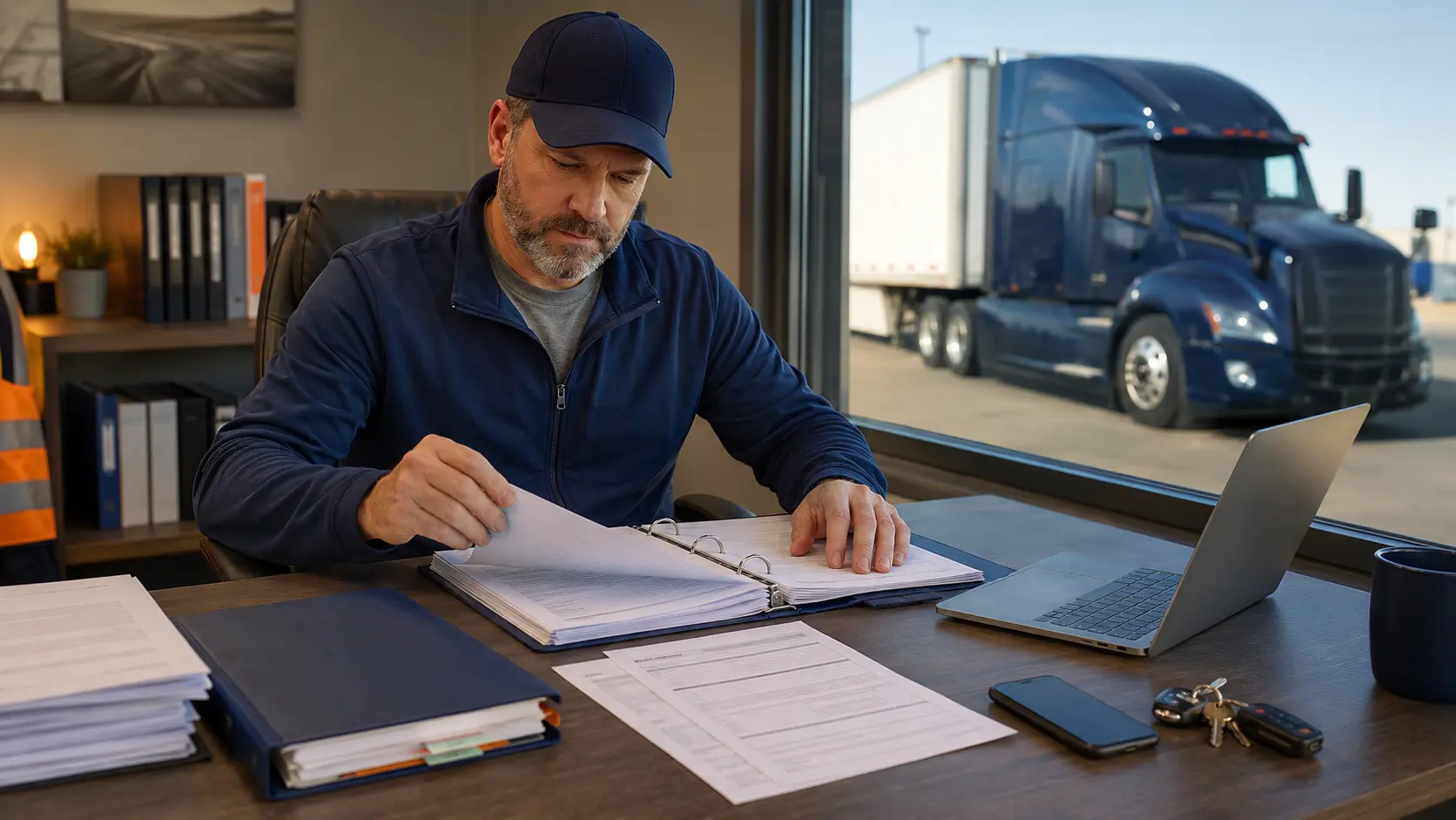 Owner-operator organizing a freight broker onboarding packet in a trucking office