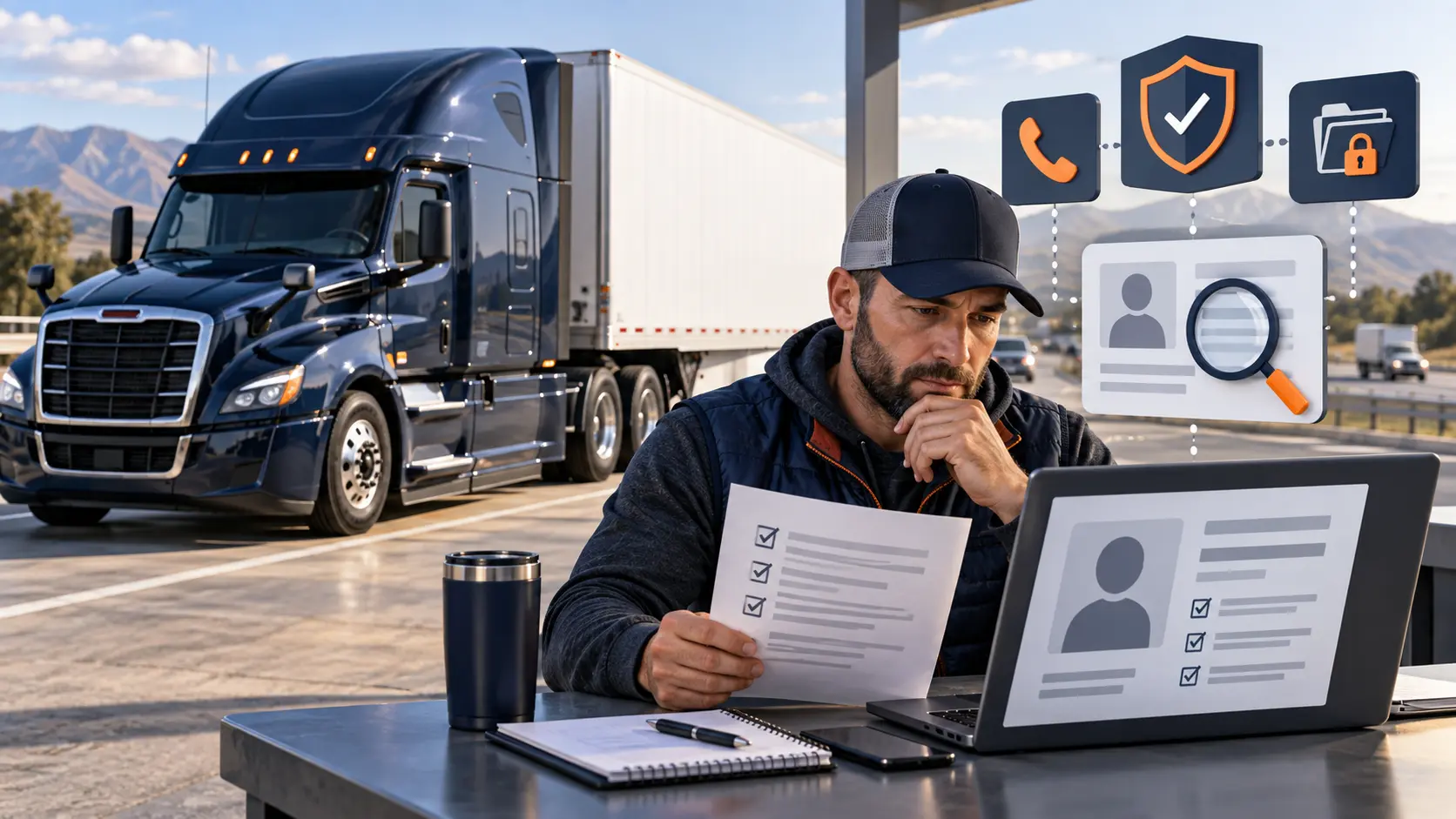 Owner-operator comparing a broker profile and document checklist beside a dark blue dry van truck