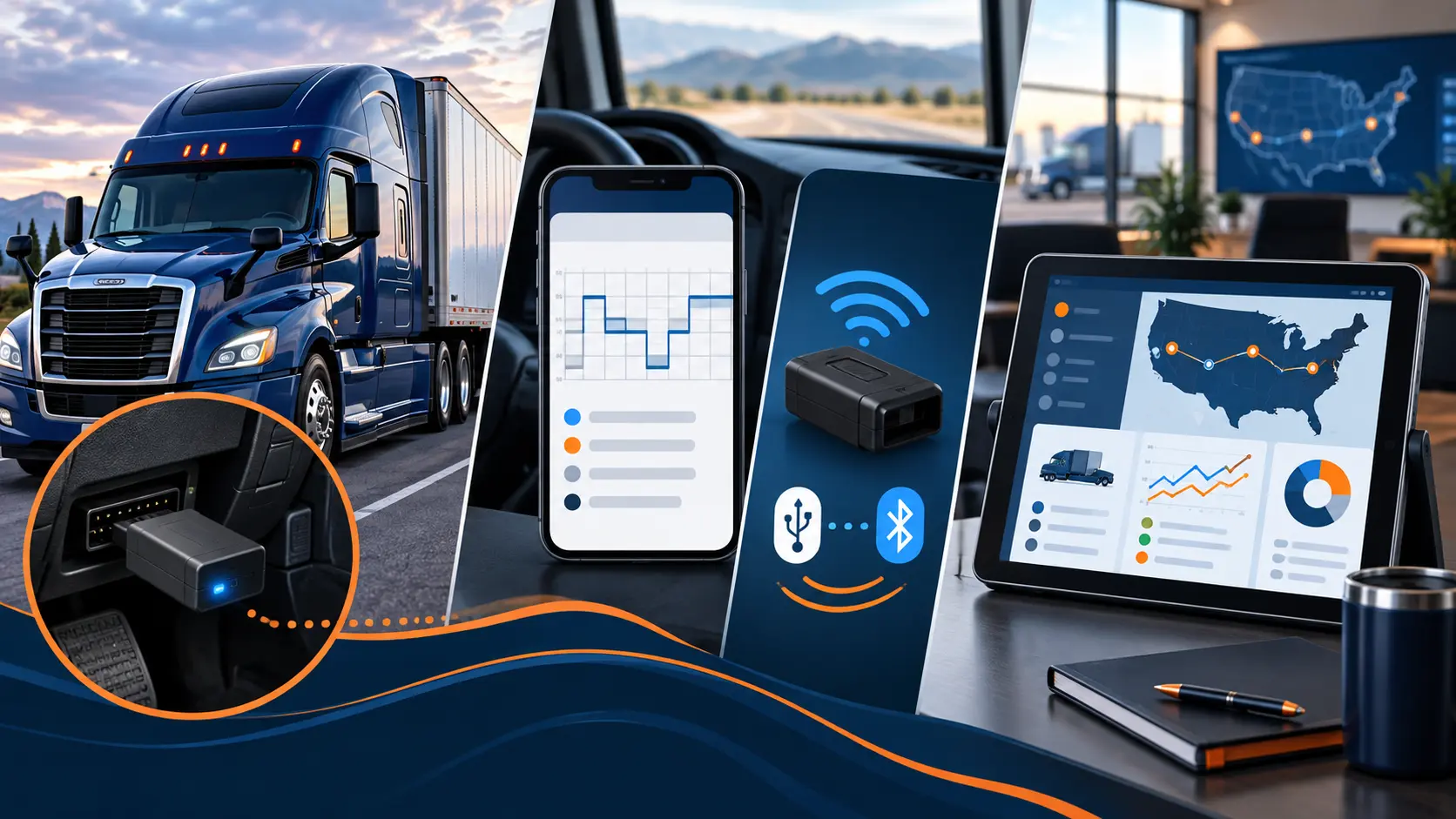 Dry van truck with generic ELD adapter, driver logbook phone, fleet tablet, USB cable, and Bluetooth symbols