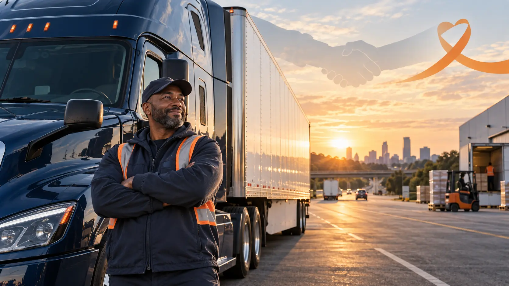 Professional dry van truck driver beside a dark blue tractor and white trailer at sunrise