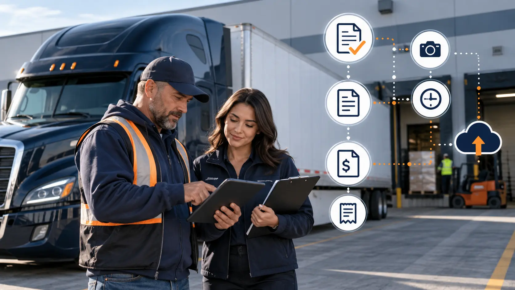 Driver and dispatcher reviewing proof-of-delivery and freight billing documents beside a dry van