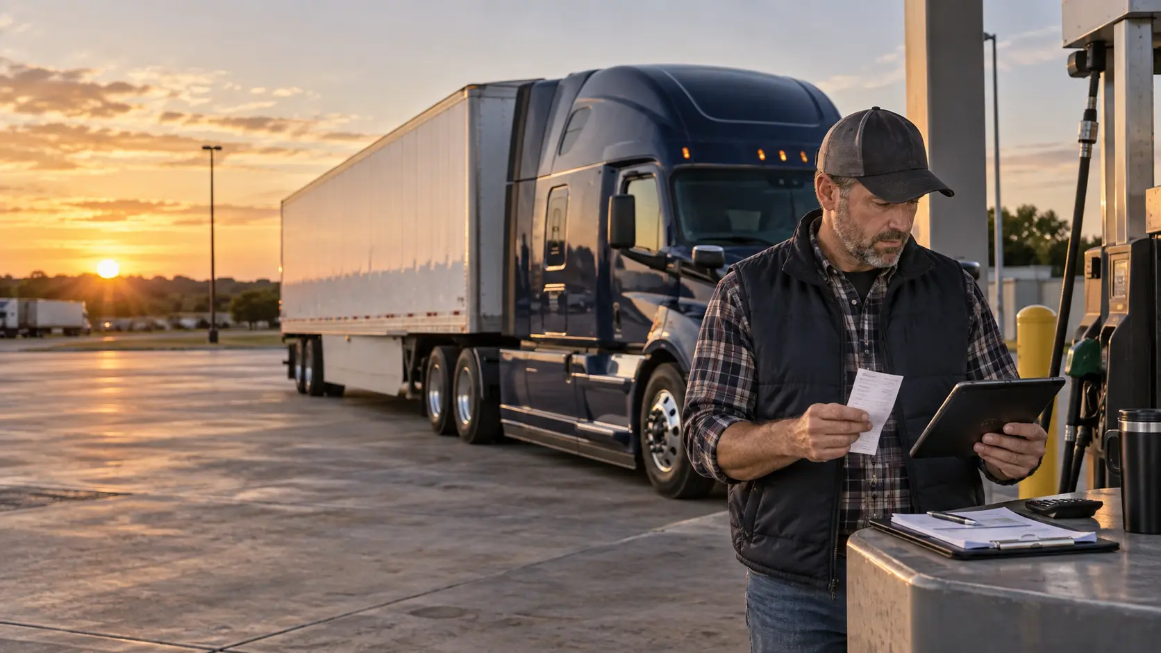 Owner-operator reviewing a fuel receipt and tablet beside a dark blue tractor and white dry van at a diesel island